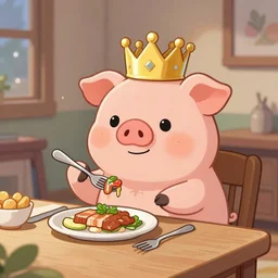 a cartoonish cute anthropomorphic pig wearing a crown is having dinner in a beautiful home, magical atmosphere, trending on artstation, 30mm, by Noah Bradley trending on ArtStation, deviantart, high detail, stylized portrait