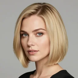 “ blond hair woman with grey eyes and bob haircut ”
