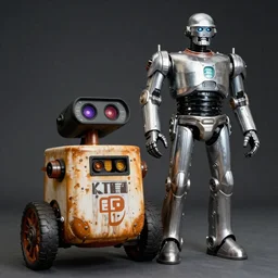 johnny 5 dueling robocop and the terminator, cinematic, movie still