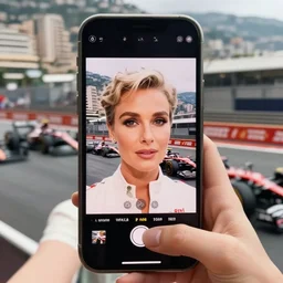 selfie smartphone photo of a young Grace Kelly at the 2022 Monaco Gran Prix, F1 cars blurred in background, iphone photo, smartphone resolution, low resolution camera
