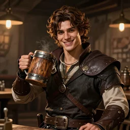 An epic fantasy comic book style portrait painting of a handsome young man with brown wavey hair, wearing thief clothing in a tavern and smiling with a wooden tankard in hand, unreal 5, DAZ, hyperrealistic, octane render, cosplay, RPG portrait, dynamic lighting
