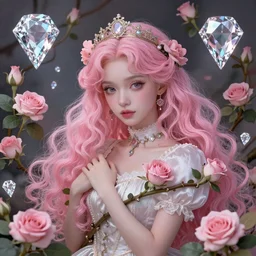 Alice in Wonderland,a portrait of a beautiful Pink hair girl,Diamonds Blaze,Rose twining,luxuriant,dreamy, eternity, romantic,highly detailed,in the style of Franz Xaver Winterhalter, highly detailed,in the style of Aetherpunk