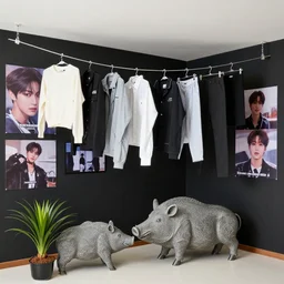 photograph of kpop clothes drying in a kpop idol's apartment, seoul, kpop posters, a large stone wild boar sculpture, ikebana, black walls, bromeliad