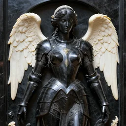 carved black marblewoman wearing hardsurface armour, subtle gold accents, frontal view, ivory rococo, wings lace wear, sculpted by tsutomu nihei, emil melmoth, zdzislaw belsinki, craig mullins, yoji shinkawa, trending on artstation, beautifully lit, peter mohrbacher, zaha hadid, hyper detailed, insane details, intricate, elite,