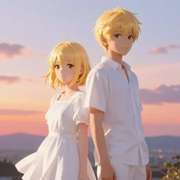 A full body portrait of twin brother and sister with golden short hair, white wearing, digital art, fantasy art, volumetric lighting, dreamy and ethereal, sunset, art by Shinkai Makoto ,Kyoto Animation, anime illustration, trending on Pixiv.