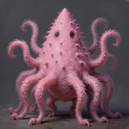 mi-go, an alien creature, its shapeless pink body bears numerous sets appendages, odd, vaguely pyramid-shaped head bristles with numerous wavering antennae, it fills you with primordial dread, a very very very beautiful photorealistic painting, 4k
