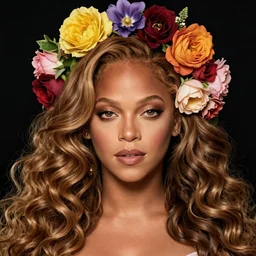 Beyonce as a stunning young girl With flowers in her hair, fine art portrait photography by Sarah Moon