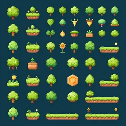 A game assets spritesheet from Ori and the blind forest and iconoclasts.  HD vector Containing modular props,  terrain, trees, 2d side view, platform, vector art, very detailed