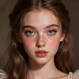angela sarafyan as a young princess, digital art by julia razumova and mel milton, dramatic lighting, gloss effects, and exaggerated proportions trending on artstation, glossy eyes, lipgloss, portrait, closeup, cute freckles