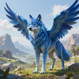 Blue feathered wolf with wings on a beautiful fantasy landscape, hills, mountains, HD, post processing, ultra detailed, trending on artstation, elegant, highly detailed, digital painting, concept art, smooth, sharp focus, illustration