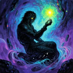 a true hero, sinking, wrapped in black, clutching a hopespark in the drifting voids. Fantasy Tron sci-fi illustration, vibrant neon inks painting, by Edvard Junjiito Picasso