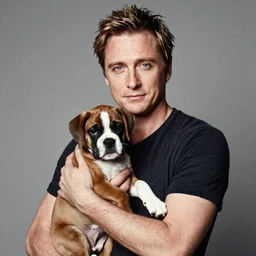 50mm photo, Owen Wilson holding a boxer puppy