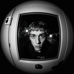 tyler the creator staring at me through my doorbell camera, b&w, night, fish eye lens, creepy