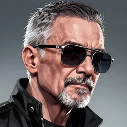 tall angle hyper detailed comic illustration of a cyberpunk Walter White wearing a futuristic sunglasses and a gorpcore jacket, markings on his face, by Eng Kilian, intricate details, vibrant, solid background