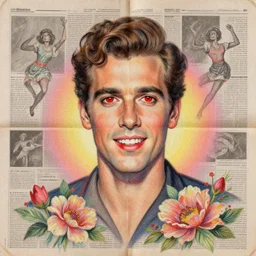 a handmade collage portrait painting with newspapers of a man from 1 9 7 0 s, red eyes, high detailed, flowers, retro style painting, retro pastel colored palette, grain and texture, dancing heads, illustration, oil pastel drawing, symetrical, in the middle, looking to camera, high shoulders, gradient lighting at the back, sharp teeth, red paint stains, extremely elegant drawing, looking straight, lens correction, sharp focus, 8 k