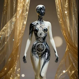 film still, perfect female body silhouette, liquid sculpture, astral clockwork, golden sheer curtains flowing in wind, photorealism, beautiful portrait, white and black latex mixture, black ink, body acts photography, abstract art, concept art, matte painting, bokeh lights, one point light, elegant, weta fx, weta digital, artstation, holographic colors