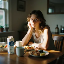 home photography portrait, A dining table in dining room, cups, a milk package, meals, breakfast ; summer, Color VHS picture quality with mixed noise