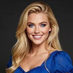 an insanely detailed realistic depiction of smiling haley from stardew valley, long golden blonde hair, sapphire azure blue iris, perfect makeup, perfect teeth, wearing lovely blue dress, looks like perfect model, in the style of peter mohrbacher, artgerm, dramatic lighting and composition, octane render, trending on artstation, concept art 8 k
