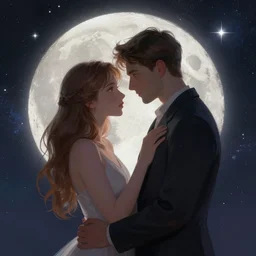 star crossed lovers digital painting in moonlight and galaxy background