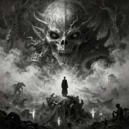 Vicariously!!! I, live while the whole world dies, ultra realist soft painting of the world of Lovecraft Elden Ring and Giger, very intricate details, ultra dense fog, golden ratio, volumetric black and white lighting, reflections, refractions, symmetry accurate, octane render