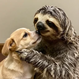 a sloth kissing a dog