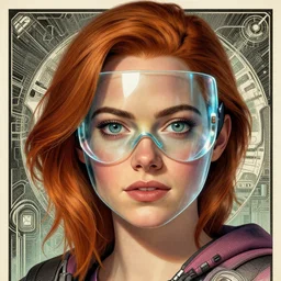 emma stone as tracer from overwatch, see through glass hologram mask, character portrait, portrait, close up, concept art, intricate details, highly detailed, vintage sci - fi poster, retro future, vintage sci - fi art, in the style of chris foss, rodger dean, moebius, michael whelan, and gustave dore