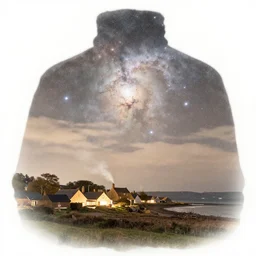 a beautiful double exposure of the astronomy picture of the day, nebula, a rural seaside village, landscape at night, soft white light, muted, neutral light, light orange tones, chimney smoke, long exposure clouds, watercolour painting, turner