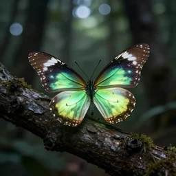 Glowing Butterfly sitting on a tree in the forest, trending on artstation, 30mm, by Noah Bradley