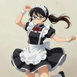 painting of young woman with glasses and ponytail in maid outfit dancing, in the style of anime
