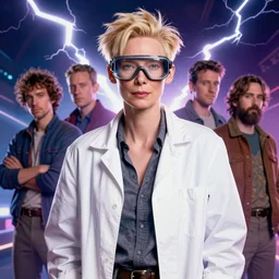formal portrait of tilda swinton as doc brown from back to the future. lightning background, wearing welding glasses and white coat. digital art by eugene de blaas, ross tran, and nasreddine dinet, vibrant color scheme, intricately detailed, in the style of romanticism, cinematic, lighting background, artstation, greg rutkowski