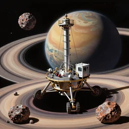 an in-orbit space metals excavator, mining ore from asteroids in the rings of a planet with rings, 1970s concept art