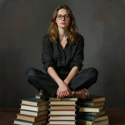 a woman with light brown hair and glasses sits cross legged on top of a tall pile of books. beautiful painting by artgerm and norman rockwell and raymond swanland, beautiful detailed face.