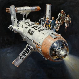 oil painting space station headed cyborgs of the 6 0 s tokyo, by jack kirby, jack gaughan, virgil finlay, alberto bontempi, shigeru komatsuzaki, wayne d barlowe, alex ross, enric torres, simon bisley & boris vallejo, alex ross, enric torres, hyper realism, cinematical, narrative light, muted colors