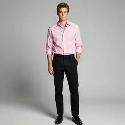 young jim rogers is poping in a pink shirt and black trousers