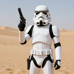 flik ( pixar ant character ) cosplay as a star wars stormtrooper hold a blaster, in a still of star wars episode iv a new hope ( 1 9 7 7 ), by george lucas, tatooine dune sea background