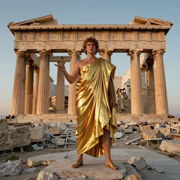 a dramatic studio photographic portrait of a caucasian male wearing a life size saint seiya realistic looking gold cloth, stranding in the parthenon ( greece ), full shot, 1 5 mm wide - angle lens, sunset photo at dusk, sharp focus, shot on canon eos 5 d mark iv, by david lachapelle, 4 k, extremely detailed, award - winning portrait photography, cinematic movie photograph, socialist realism, light academia