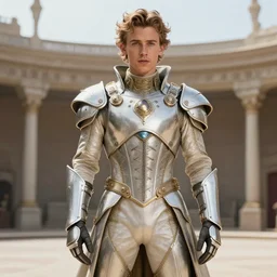 Austin Butler flamboyantly dressed in futuristic-baroque clothes and battle armor, standing in an arena