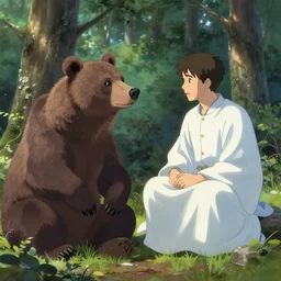 st. seraphim of sarov talking to a bear in the woods highly detailed, digital painting, concept art, sharp focus, by makoto shinkai