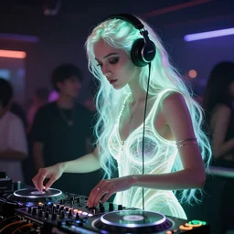 a beautiful glowing alien woman with long glowing hair, wearing headphones, djing the turntables at a party in the future, by artgerm, gorgeous, detailed, cinematic lighting