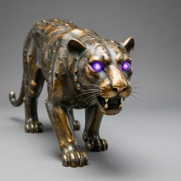 Bronze Jaguar sculpture with glowing purple eyes