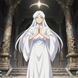 A white priestess is conjuring a spell inside the ancient and mythical temple. By Masamune shirow