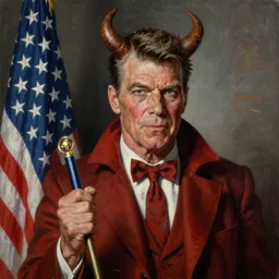 ronald regan dressed as satan, painting in the style of norman rockwell, 1 9 5 0 s, evil, hyperrealistic, photorealistic, award - winning, 4 k, ultra hd, artstation, intricate, highly detailed, patriotic, american, usa, dark, gritty