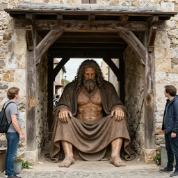 giant sitting under a wooden passage in a medieval port, with people looking down to him