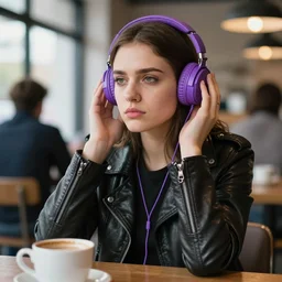 young adult woman in a coffee shop wearing bright purple headphones and a leather jacket looking unamused, natural light, award winning magazine photo, 5 0 mm lens