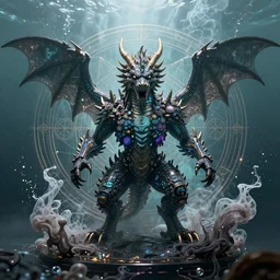 a centered render of an ancient futuristic dragon with digital modifications surrounded by a underwater ink pour and flowing liquid gallium and complex sacred geometry, agressive stance, powerful, cinematic, beautifully lit, by beeple, by artgerm, by karol bak, 3 d, trending on artstation, octane render, 8 k