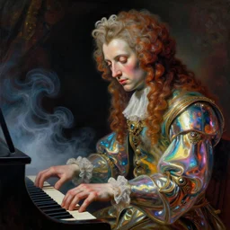 a baroque neoclassicist close - up renaissance portrait of an iridescent retrofuturistic sci - fi musician playing a surrealist piano. reflective detailed textures. glowing colorful fog, dark background. highly detailed fantasy science fiction painting by moebius, norman rockwell, frank frazetta, and syd mead. rich colors, high contrast. artstation