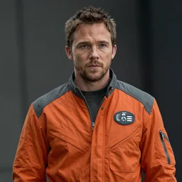 portrait by greg rutkowski, he looks like chris pratt, wearing a utilitarian orange and gray jumpsuit, scifi, sharp foccus, artstation hq.