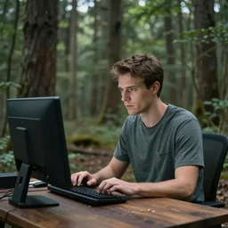 cgi rendering of a man at a computer in the middle of the woods.
