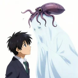 an anime art piece by yuji ikehata and satoshi kon, of an ethereal ghostly wraith like figure with a squid like parasite latched onto its head and long tentacle arms that flow lazily but gracefully at its sides like a cloak, for a new resident evil village anime, with inspiration from bloodborne