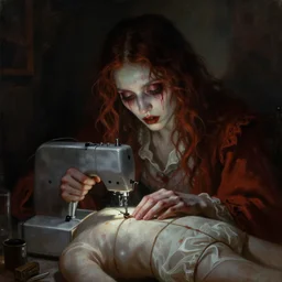 macabre painting of a person sewing themselves shut by jeremiah ketner | horror themed | creepy